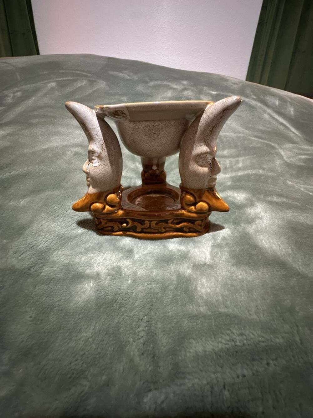 Ceramic Incense Holder with Moon Faces and Glazed Base